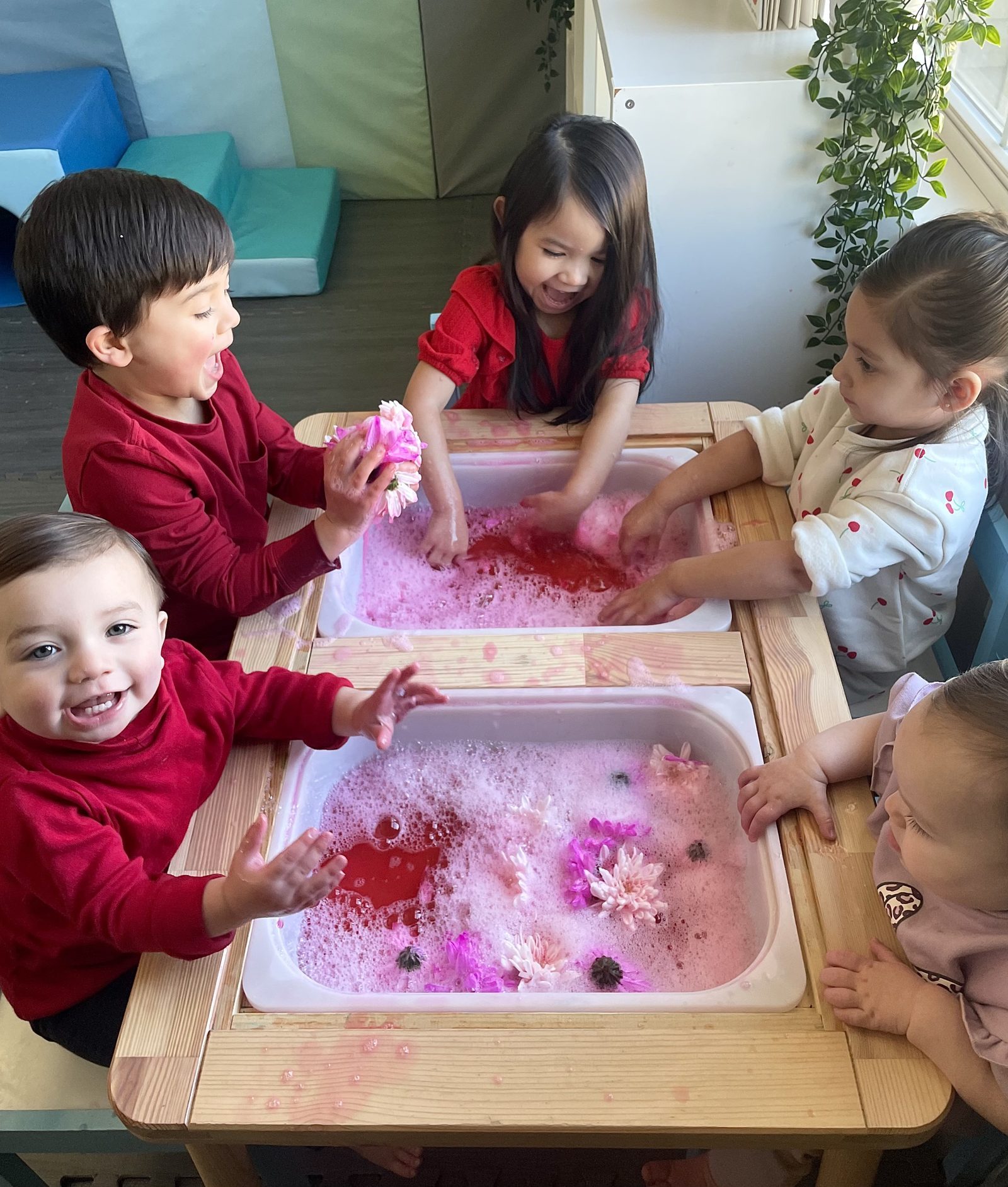 Children enjoying a flower-petal sensory bin at Up North Daycare